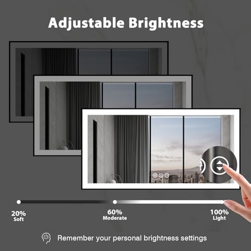 72x36 Lighted Mirrors for Bathroom Wall, Modern Rectangle Matte Black Mirror, Tempered Glass,Double Lights, 3 Colors Dimmable Temperature, IP54 Enhanced Anti-Fog, Memory (Horizontal/Vertical)