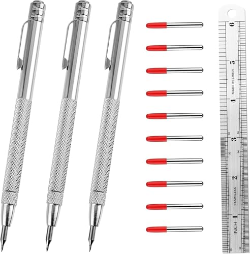 Veftsvy Anreißwerkzeug Set, 3 Stück Wolframcarbid Stift Wolframstahl Anreißnadeln Metall Reißnadel, 10 Ersatzspitzen und 15cm Stahllineal und Magnetischem Schwanz, für das Markieren auf Metall, Glas
