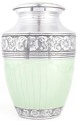 Image of Large Cremation Urn for Human Ashes Adult - Handcrafted Aluminum Memorial Urn for Men & Women, Secure Screw-Top Lid, 200 Cubic Inches, Decorative Funeral Burial Urn for Home Display, Green Silver