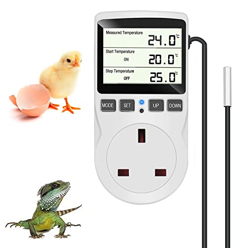 NEKOSUKI Digital Temperature Controller, LCD Screen Heating Cooling Reptile Thermostat with Sensor Probe for Snake, Lizard, Incubator, Brewing, Incubator, Greenhouse, Terrarium ℉/℃ 16A 230V