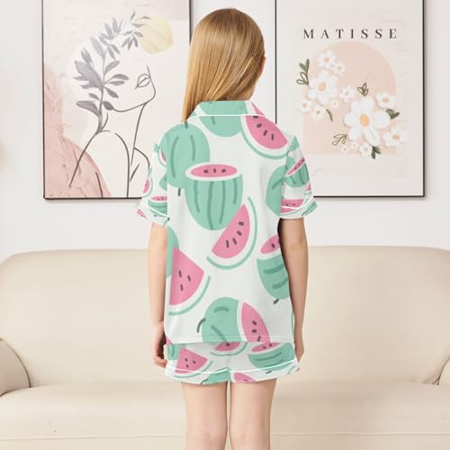 Satin Pajama Sets Short Sleeve Watermelon Slices on White Background Button Down Silky Nightwear 2 Piece PJS 5-14Y4