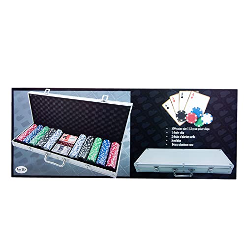 Tradeopia Premium Casino Poker Chip Set, 500 Pieces 11.5 Grams, with 2 Card Decks, 5 Dice & Aluminium Case for Texas Holdem Blackjack Gambling Professional Casino Games