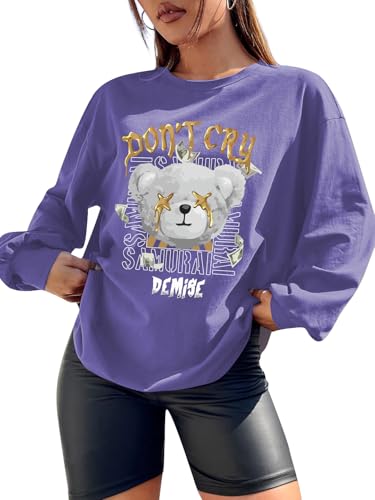 Image of CHKOKKO Oversized Round Neck Drop Shoulder Printed Polyester Full Sleeves T-Shirt for Women