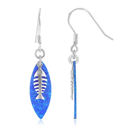 Beaux Bijoux 925 Sterling Silver Nautical Fish Skeleton Created Blue Opal Dangling Earrings
