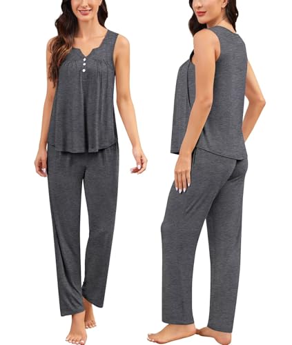 Image of SWOMOG Maternity Nursing Pajamas Set 3 Piece Breastfeeding 3 in 1 Labor Delivery Sleevless Tops Long Pants Pregnancy Pjs