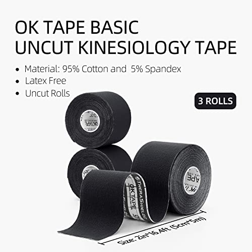 Image of OK TAPE Kinesiology Tape (3 Pack) Latex Free Cotton Uncut 2in x 16.4ft | Regular Original Elastic Water Resistant Therapeutic Athletic Tape for Support Muscle Joint Knee Injury Recovery Black