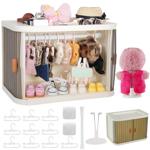 Foldable Doll Wardrobe with Stand Compatible with Labubu 10 Hangers 1 Rod & 2 Supports Dust-Resistant Stackable Organizer Cabinet Storage Box for 15/17cm Doll Clothes Shoes Accessories (Foldable)
