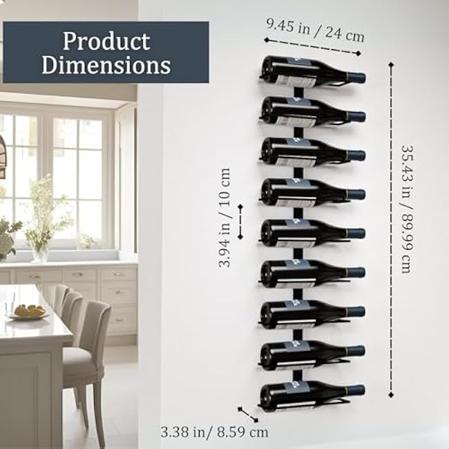 9-Bottle Black Metal Wall Mounted Wine Rack ¨C Modern Industrial Wine Bottle Storage Organizer for Home Bar, Kitchen, Dining Area & Wine Cellar