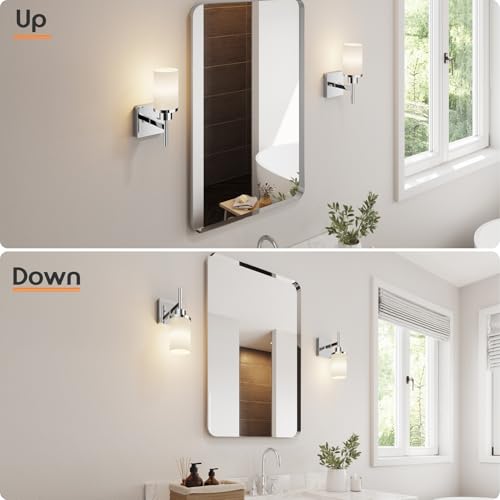 Image of Vanity Lights Polished Chrome Bathroom Light Fixtures with White Frosted Glass Shade, Wall Sconces for Mirror Hallway Entrance, 2 Pack T001CH-L1-P2