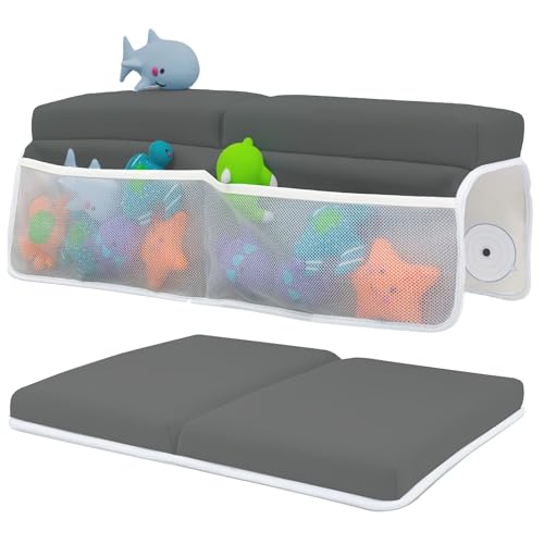 Image of Comfortable Baby Bath Kneeler and Elbow Rest Pad Set – Thick Memory Foam Bath Kneeling Pad with Elbow Support – Baby Bathtub Cushion with Toy Organizer for Bathing Infant or Toddler - Dark Grey