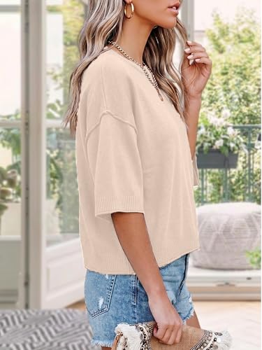 LaGracia Sweater for Women Summer Short Sleeve Oversized Cropped Sweaters Casual Crewneck Lightweight Knit Tops Light Apricot S — view 4