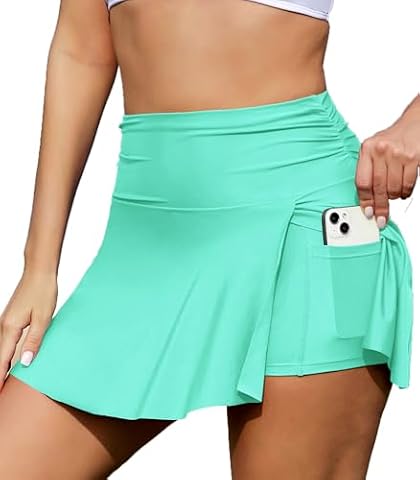 SHEKINI Spodenki kąpielowe dla kobiet, spódniczka kąpielowa z szortami, wysoka talia, z kontrolą brzucha, spodnie bikini, split, miętowa zieleń, L