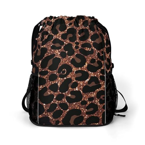 Leopard Print Drawstring Backpack Gym Bag With Shoe Compartment