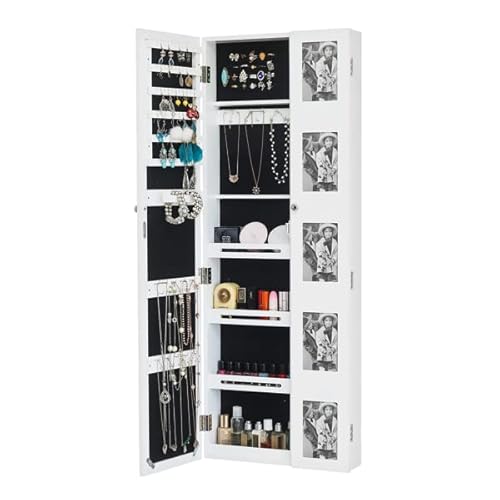 Wall Mounted Jewelry Organizer With Photo Frame,40.5" Full Length Mirror Jewelry Cabinet,Jewelry Armoire With Mirror,Mirror With Jewelry Storage,Wall Mounted/Door Mounted/Jewelry Armoires (White) #TOP3