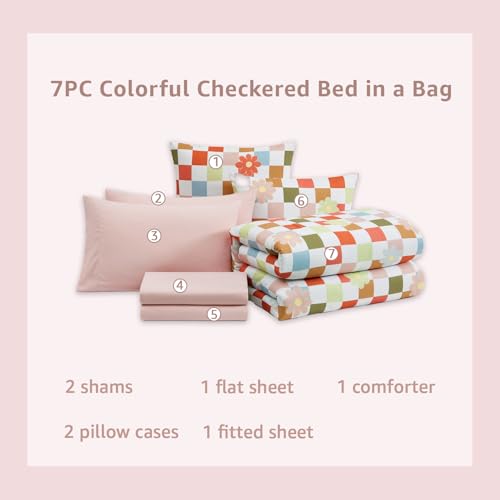 Image of Full Size Comforter Set for Girls Colorful Checkered Bed in a Bag 7 Pieces