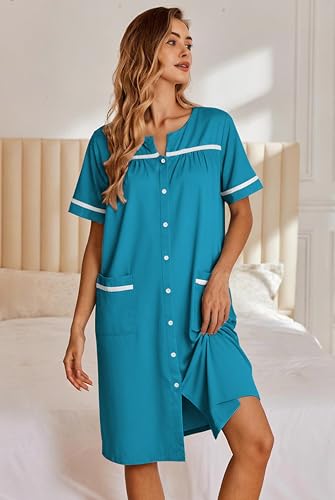 Image of Ekouaer Nightgowns for Women House Dress with Pockets Button Down Sleepshirt Short Sleeve Nightshirt Housecoat