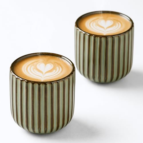 Erkundpresso.Kaffeebecher 2er Set 180ml Ohne Henkel Premium Barista Kaffeetasse aus Hochwertigem Steingut Dickwandiger Kaffeebecher - Entworfen für Latte Art - 100% Handfertigung (Grau)