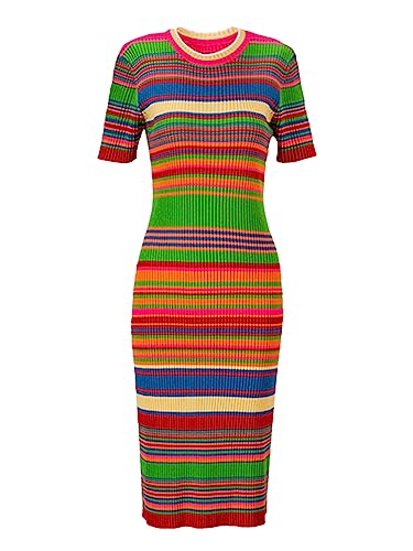 Women Colorful Striped Tight Knitting Dress Summer Short Sleeve Slim Thin Sheath Midi Bodycon Dress