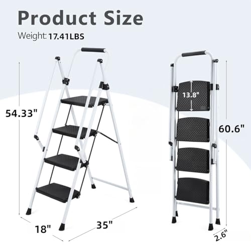 Heavy-Duty 5 Step Ladder, Folding Step Stool with Wide Anti-Slip Wide Pedal and Handrails, Sturdy Steel Ladder, Lightweight Portable Steel Step Stool for Home Kitchen Pantry Office,5 Steps