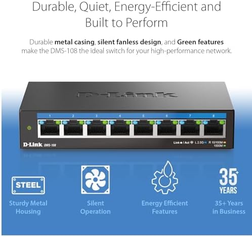 D-Link 8-Port 2.5GB Unmanaged Gaming Switch with 8 x 2.5G - Multi-Gig, Desktop or Wall Mount, Silent Operation, Plug & Play, Follows NDAA/TAA, (DMS-108), Ethernet Splitter, Multi-Gigabit Network
