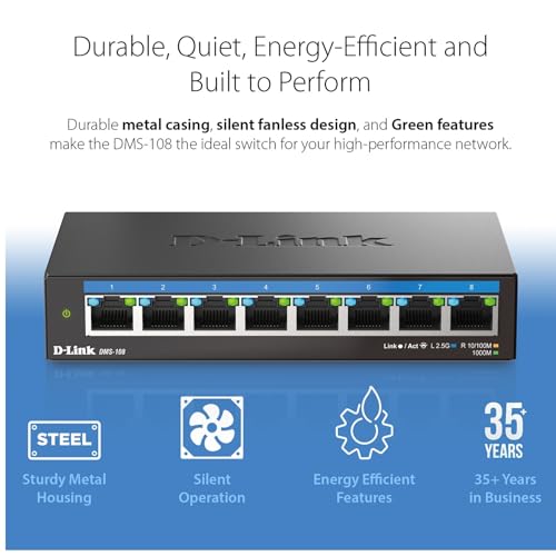 Image of D-Link 8-Port 2.5GB Unmanaged Gaming Switch with 8 x 2.5G - Multi-Gig, Desktop or Wall Mount, Silent Operation, Plug & Play, Follows NDAA /TAA, (DMS-108), Ethernet Splitter, Multi-Gigabit Network