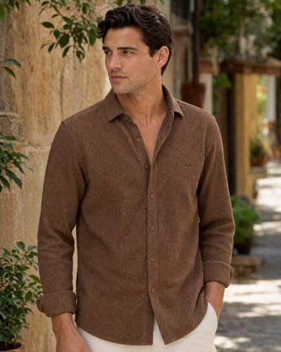 Image of Nobero Textured Popcorn Shirt for Men | Cotton Shirts for Men in 280 GSM Popcorn Knit | Stand Collar | Regular Fit | Full Sleeve
