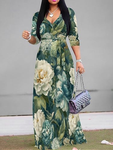Image of Plus Size Dresses for Women Floral Print Maxi Dress Flowy 3 /4 Sleeve with Belt