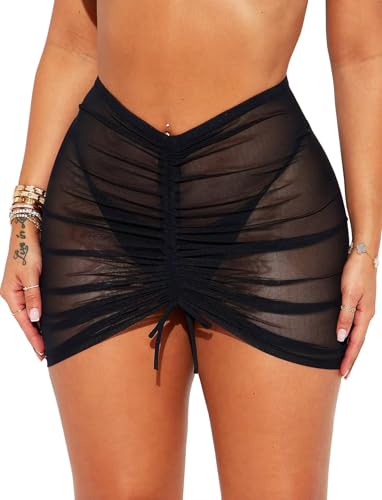 TZLDN Swimsuit Coverup Women Mesh Sheer Skirt Beach Swim Drawstring Sarong Wraps Ruched Sexy Bikini Cover Up Swimwear