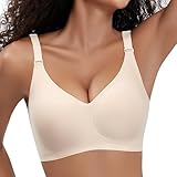 PQK Wireless Bras for Women Comfortable Seamless T Shirt Bras No Underwire V Neck Full Coverage Support and Lift (Size XL Nude)