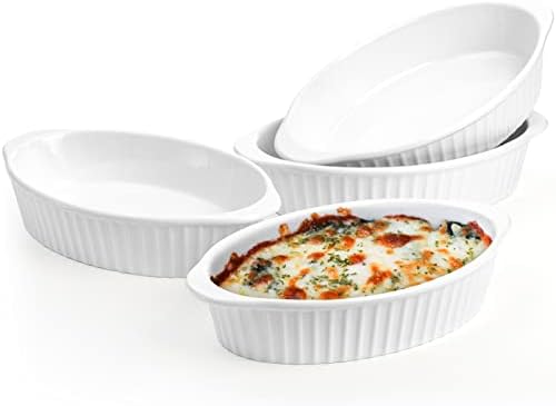 Foraineam 4 Pack 15 oz White Porcelain Oval Baking Dishes, 8.8 x 5.5 x 1.8 Inch Au Gratin Pans Small Table Serving Dish, Lasagna Pan Crème Brulee Bakeware Set with Double Handles, Dishwasher Oven Safe - Thumbnail 2