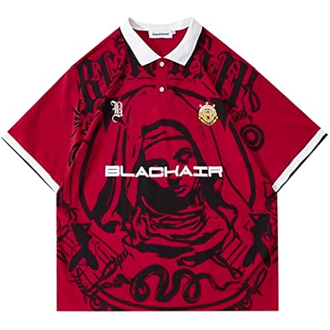 Rapidstreet Streetwear Mens Oversized Polo Shirt Virgin Mary Graphic Tops Red Unisex Cover
