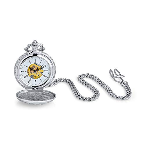Regulation Standard Skeleton Steampunk Vintage Style American Railway Style Historical Two Tone Steam Train Railroad Pocket Watch For Men Roman Numerals White Dial Silver Gold Bronze Plated With Chain #TOP1