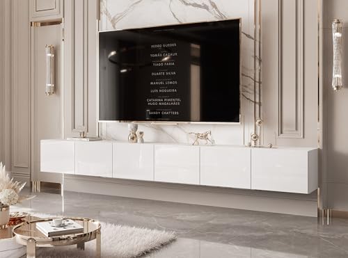 IDOHOME 300 cm TV Lowboard Weiß Hochglanz 300cm mit 6 Praktischen Großen Fächern und LED Beleuchtung - TV Board Hängend Passend Für Stilvolle Wohnräume