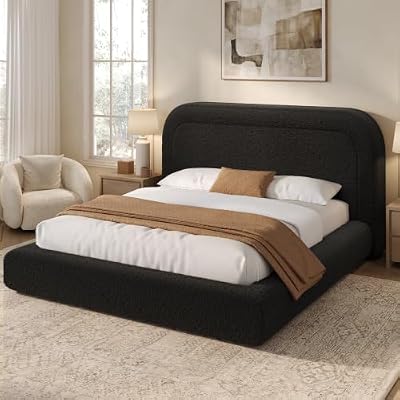 ADORNEVE Cloud Bed Frame Queen with 5.9" Headboard, Upholstered Platform Bed with Curve Round for for Master/Guest Room, 5 Inch Foam Cushioned, No Box Spring, 15-MinEasy Assembly, Black