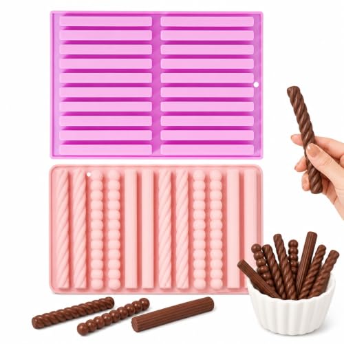 Image of 2 PCS Chocolate Fry Mold, Silicone Stick Candy Bar Mold for Baking and DIY (12&20-Cavity Twist and Long Bar Shapes)