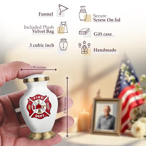 Image of Trupoint Memorials Small Urns for Human Ashes Keepsake, Military and Patriotic Decorative Mini Cremation Urn for Veteran Adult Men and Women, White Red Fireman