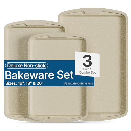 Bakken Swiss Cookie Sheet 3 Piece Set - Non-Stick, Stackable Baking Pans, White marble Deluxe...
