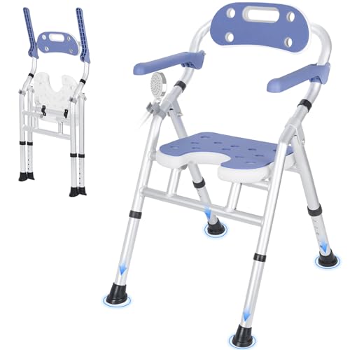 FREEAMG Foldable Shower Chair for Elderly Height Adjustable Shower Chair with Arms Anti-Slip Shower Seat Folding Shower Stool Bath Chair for Elderly Disabled and Pregnant 150KG Capacity (White)