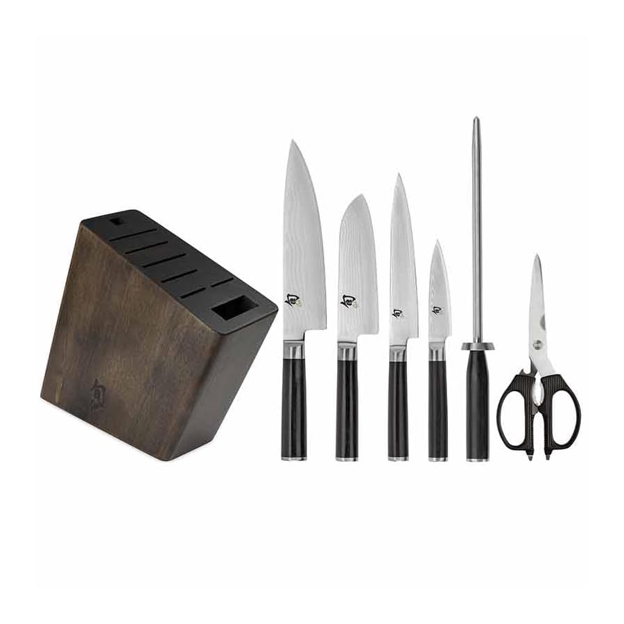 Shun Classic 7 Piece Dark Block Set, Includes 8" Chef's Knife, 3.5" Paring Knife, 6" Utility Knife, 5.5” Santoku Knife, Shears & Honing Steel, Handcrafted Japanese Knife Block Set, Pakkawood Handles