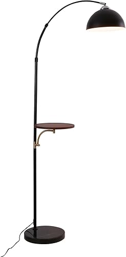 Miniatura 2 de Lámpara de pie industrial con mesa de madera, moderna lámpara de pie de arco negro para sala de estar, lámpara de poste de pie con base de mármol,