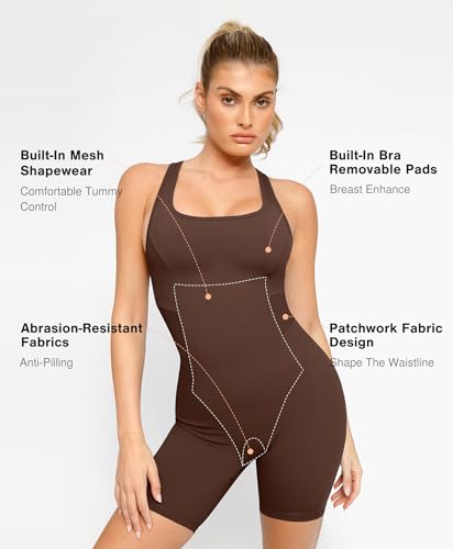 Popilush Shapewear Romper Shorts Romper for Women Bodycon Jumpsuit Workout Romper Racerback Brown M - image 2