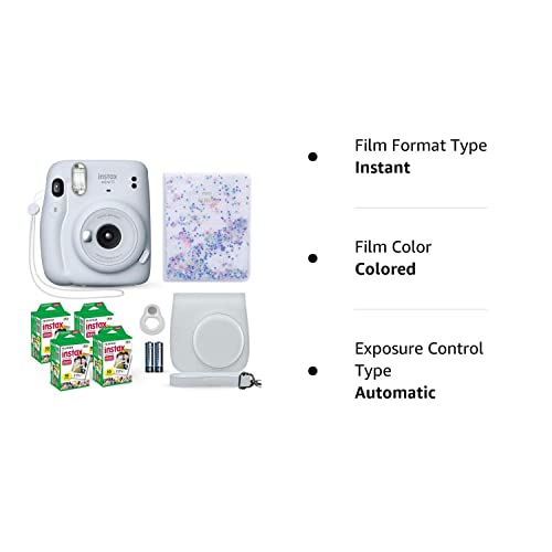Fujifilm Instax Mini 11 Instant Camera Ice White + Fuji Film Value Pack (40 Sheets) + Shutter Accessories Bundle, Incl. Compatible Carrying Case, Selfie Lens, Quicksand Beads Photo Album 64 Pockets #TOP5