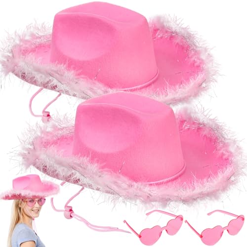 Noamus 2 Pack Cowgirl Hat and Glasses, Pink Funcredible Fluffy Cowboy Hat Set, Sparkly Cowgirl Hats with Fluffy Feather Brim, Cowboy Costume Accessories for Women, Theme Party, Adult Size