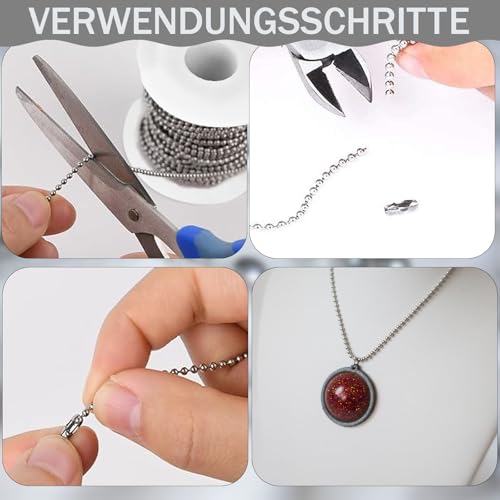 CONJURAIDE 10m Kugelkette, 2.4mm Kugelkette Edelstahl Gliederkette Silber Edelstahlkette mit 50 Stück Kugelketten Verbinder Schmuckkette für Dog Tag Kette Halskette Schlüsselanhänger