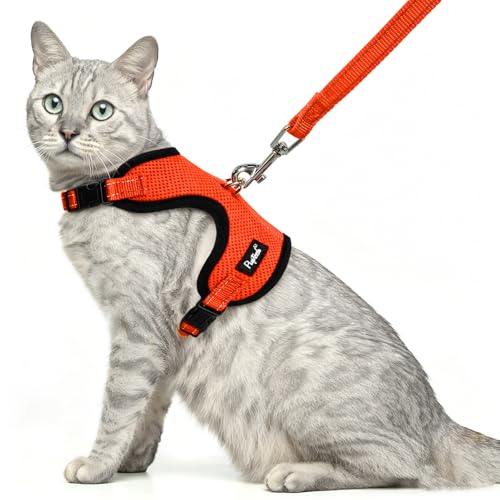 PUPTECK Cat Harness and Leash Set Escape Proof, Reflective Adjustable Soft Mesh Pet Vest Harness for Walking Travel, Orange M