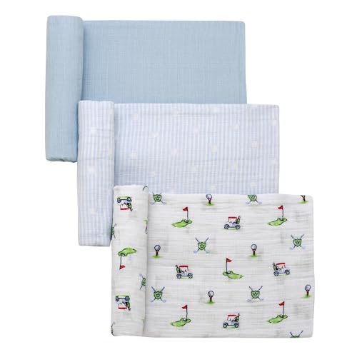 Image of 3 Pack Cotton Muslin Swaddle Blankets for Baby, 40 inch x 36 inch, Lightweight, Breathable, Blue, (Golf Print, Stripe, Solid)