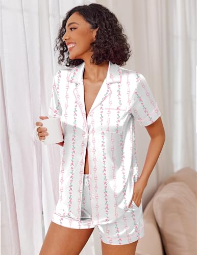 Image of Ekouaer Womens Satin Silk Pajamas Set Short Sleeve Sleepwear Button Down Top and Shorts Loungewear 2 Piece Pjs Set S-XXL