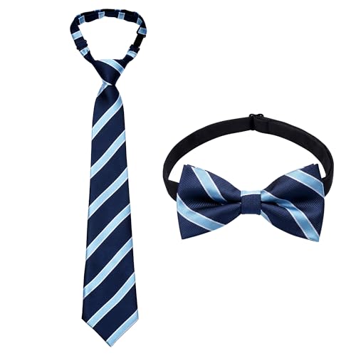 Fengek 2Pcs Boys Pre-Tied Tie & Bow Tie Set - Adjustable Stripe Necktie & Bowtie for Kids, School Uniform & Formal Wear (Blue)