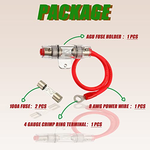 SIGANDG 100A AGU Fuse Holder with 8 Gauge AWG 1ft Power Wire - 99.9% Oxygen-Free Copper