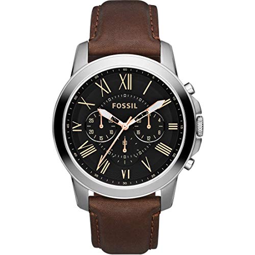 Fossil mens quartz watch, black chronograph display and leather strap - fs4813ie , brown